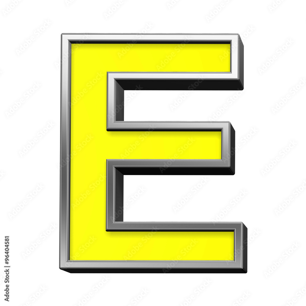 Fototapete One letter from yellow with chrome frame alphabet set, isolated on white. Computer generated 3D photo rendering.