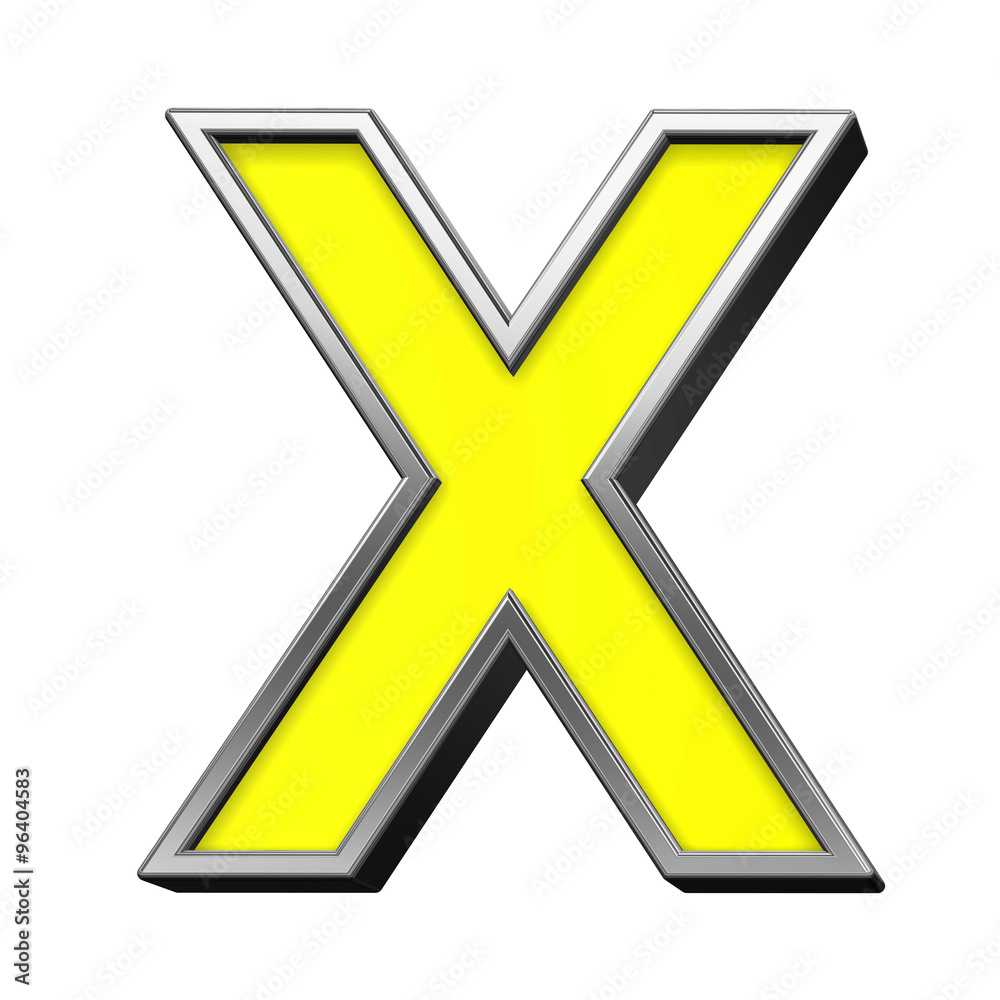 Fototapete one letter from yellow with chrome frame alphabet set, isolated on white. computer generated 3d phot