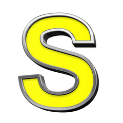 One letter from yellow with chrome frame alphabet set, isolated on white. Computer generated 3D photo rendering.