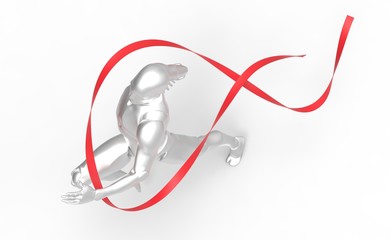 Three dimensional white human run red line. Red Ribbon.