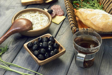 On a wooden table in the rustic lunch