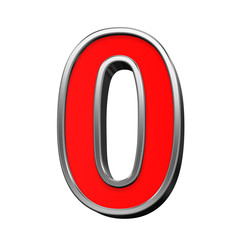 One digit from red with chrome frame alphabet set, isolated on white. Computer generated 3D photo rendering.
