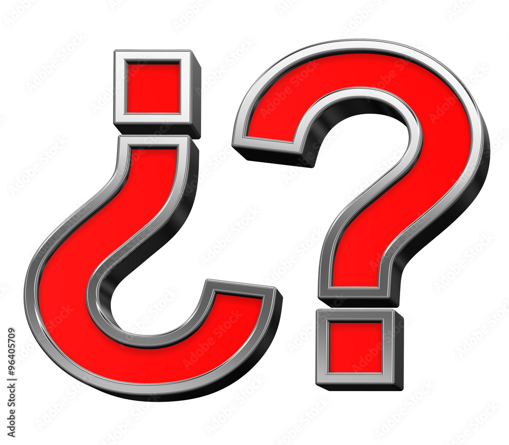 Fototapete question mark sign from red with chrome frame alphabet set, isolated on white. computer generated 3d
