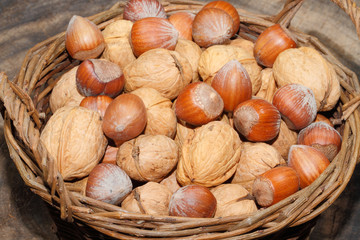 Walnüsse, Haselnüsse, Nüsse, Korb, geerntet