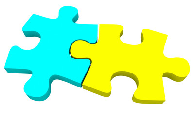 Two 2 Puzzle Pieces Coming Together Yellow Blue