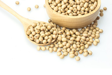 Soy beans in spoon isolated on white background