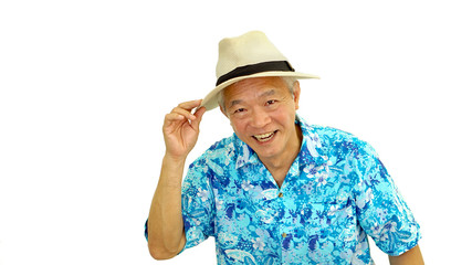 Asian senior guy on blue hawaii shirt wearing hat ready for holi