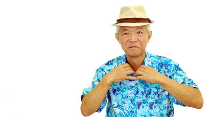 Asian senior guy on blue hawaii shirt wearing hat ready for holi