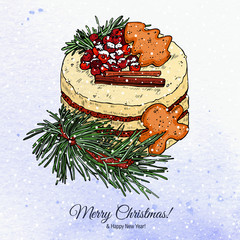 Christmas card with colored Christmas cake & fir branches on a blue background, vector illustration