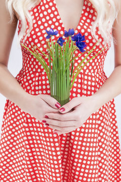 Closeup Of Hands Of Caucasian Female Woman in Red Polka Dotted Dress