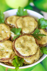 Warm salad with young marrow squash and spicy dip