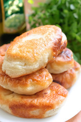 Russian cuisine - Meat patties in the plate, vegetable pasties, buns