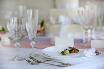 Beautiful served table for wedding or other celebration in restaurant