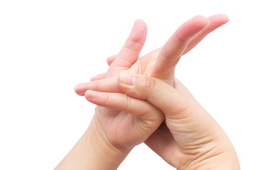Flexing muscle on finger for heal office syndrom on isolated background.
