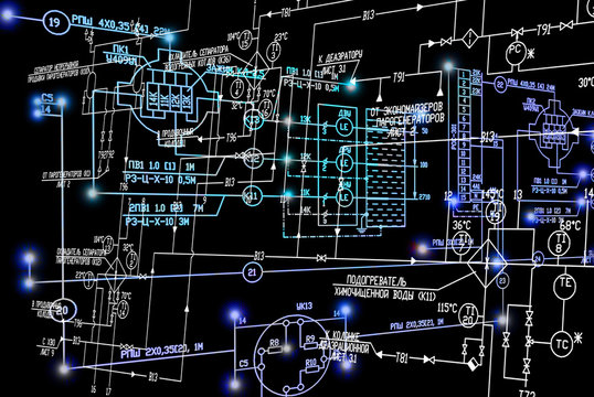 Engineering industrial electrical scheme with blue luminescence on black background.Power industrial technology