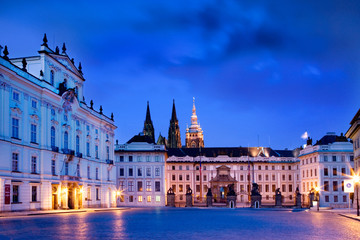 Fototapeta na wymiar Hradcanske square, Archbishop palace, Prague castle with St. Vitus cathedral, Prague (UNESCO), Czech republic, Europe