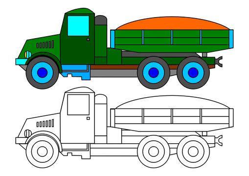 Historical green truck with a load of sand as a coloring book for kids - vector svg