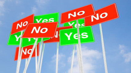 Multiple yes and no signs with cloudy blue sky