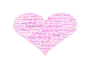 Heart shape word cloud made of words associated with love. Violet and beige letters on violet background.