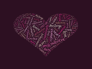 Heart shape word cloud made of words associated with love. Violet and beige letters on violet background.
