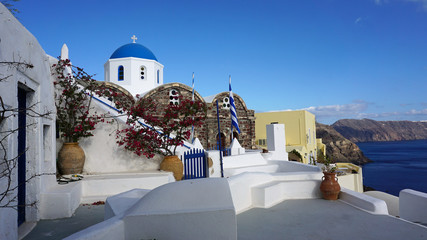 traditional church in small village oia on santorini