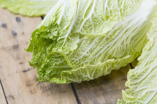 Close up Chinese cabbage on wooden table.