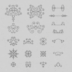 Monochrome, retro set of vintage curls, flourishes and swirl for logos, icons, logos, corporate identity. Vector