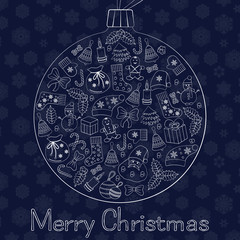 Christmas ball greeting card with text Merry Christmas and many winter doodles. Santa, toys, cookies, snowmen, fir, candies, socks, gifts, bows, snowflakes, stars, hollies, mittens, blue