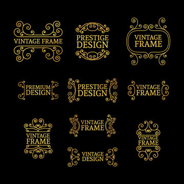 Vintage luxury logo template set with flourishes elegant lines. A set of signs, badges, frame, border, emblems with swirls. Vector