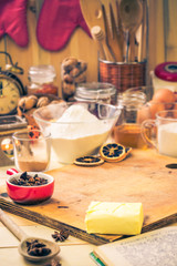 Ingredients preparation iced christmas gingerbread kitchen table