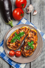 Baked eggplant with pieces of chicken