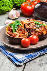 Baked eggplant with pieces of chicken