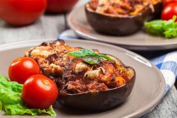 Baked eggplant with pieces of chicken