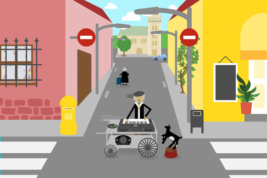 Dibujo de un gitano tocando el organillo con una cabra en la calle