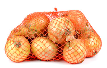 bag of onions isolated on white