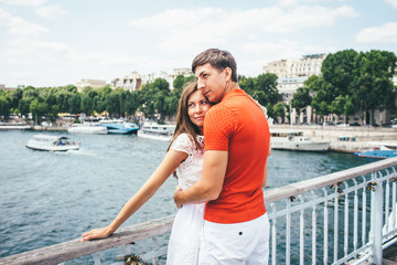 love and romance, couple on honeymoon near Eiffel Tower in Paris, heart for Valentines day