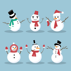 Snowman Collection. Snowman set isolated on Blue background. EPS 10 vector illustration for Christmas design. Snowman greeting. Funny Snowmans. Cartoon vector set.