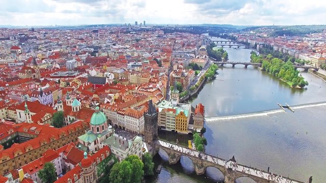 Area Lesser Town of Prague (Mala Strana), Charles Bridge, Prague Castle and Vltava River. Czech Republic.