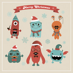 Vector Cute Retro Hipster Christmas Monsters Set
