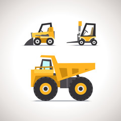 Car Flat Icon Set with Construction Equipment