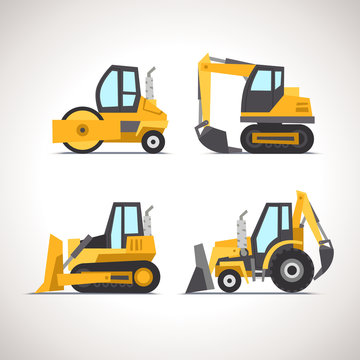 Car Flat Icon Set with Construction Equipment