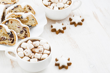 Christmas Stollen and cocoa with marshmallows 