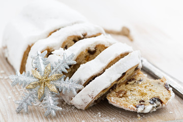 Christmas Stollen on a cutting board, closeup