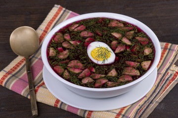 Cold beetroot soup on the table