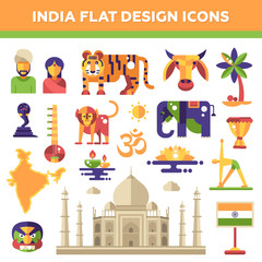 Set of flat design India travel icons and infographics elements with landmarks, famous Indian symbols