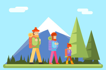 Autumn Family Trip Concept Flat Design Icon Mountain Forest Background Vector Illustration