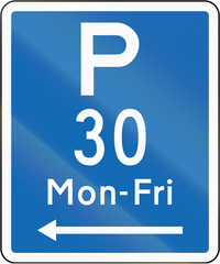 New Zealand road sign - Parking permitted during non-standard hours for a maximum time of 30 minutes, on the left of this sign