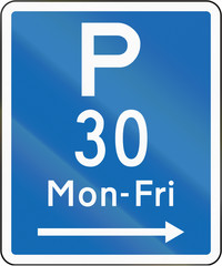 New Zealand road sign - Parking permitted during non-standard hours for a maximum time of 30 minutes, on the right of this sign