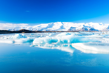 Jokulsarlon Glacier Lake In South Iceland With Clear Blue Sky