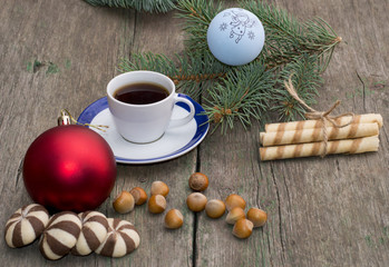two groups of cookies, coffee, Christmas tree decorations and co